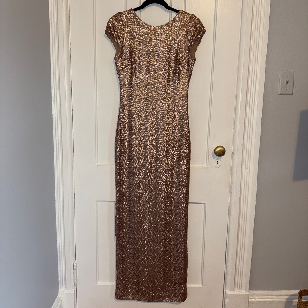 DRESS THE POPULATION Rose Gold Floor Length Open Back Sequin Cap Sleeve Gown
